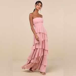 Lulu's Dusty Rose Strapless Tiered Maxi Dress